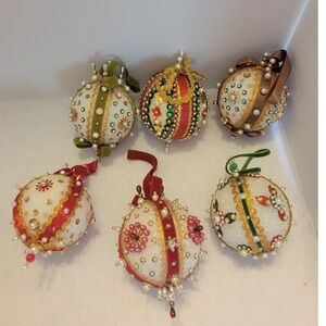Vtg 90s Handmade Beaded Christmas Ornaments Victorian MCM Holiday Lot of 6